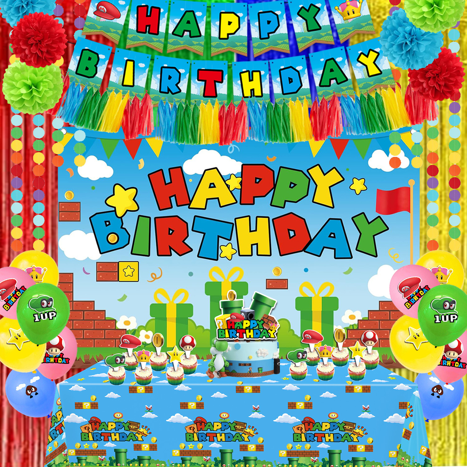 Cross-border new product cartoon Mario theme party decoration flag…