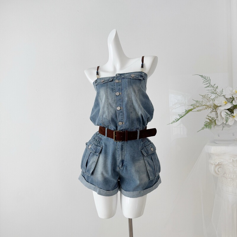 I Went to the Beach for a Walk "American-Style Denim Jumpsuit for Women, Summer Short Jumpsuit, Workwear Dress, Denim