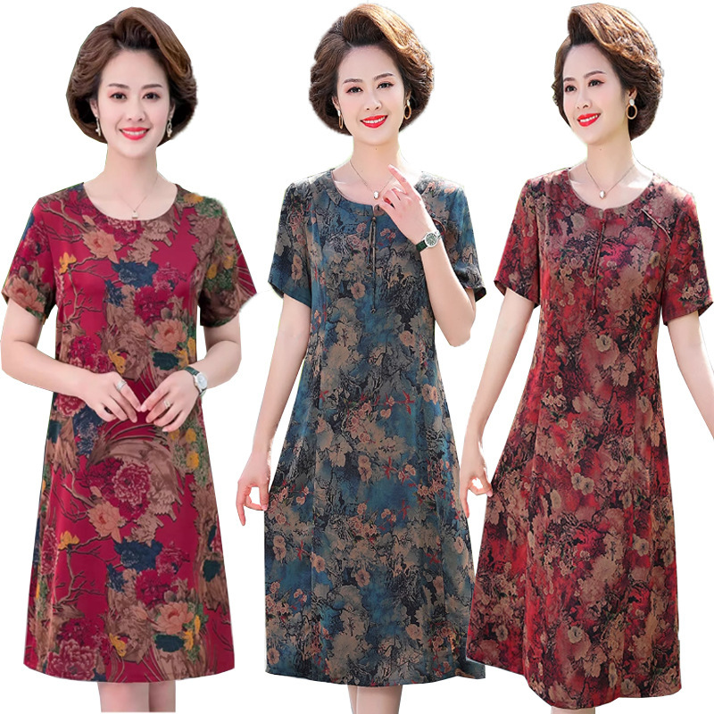 ブランド尾品卸売りシルクサテンママ夏服ワンピース中年ファッションロングスカート中高年夏ゆるいスカート|undefined