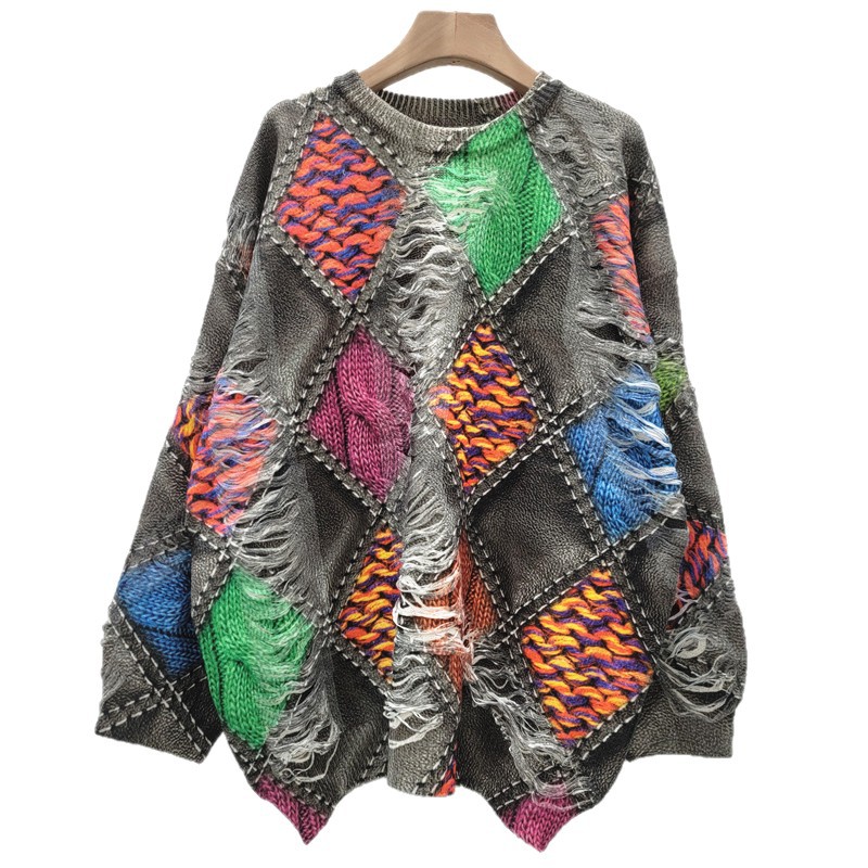 2025 otoño y invierno nuevo estilo coreano temperamento casual impresión de colores de contraste vintage blusa de punto tendencia delgada ropa de mujer