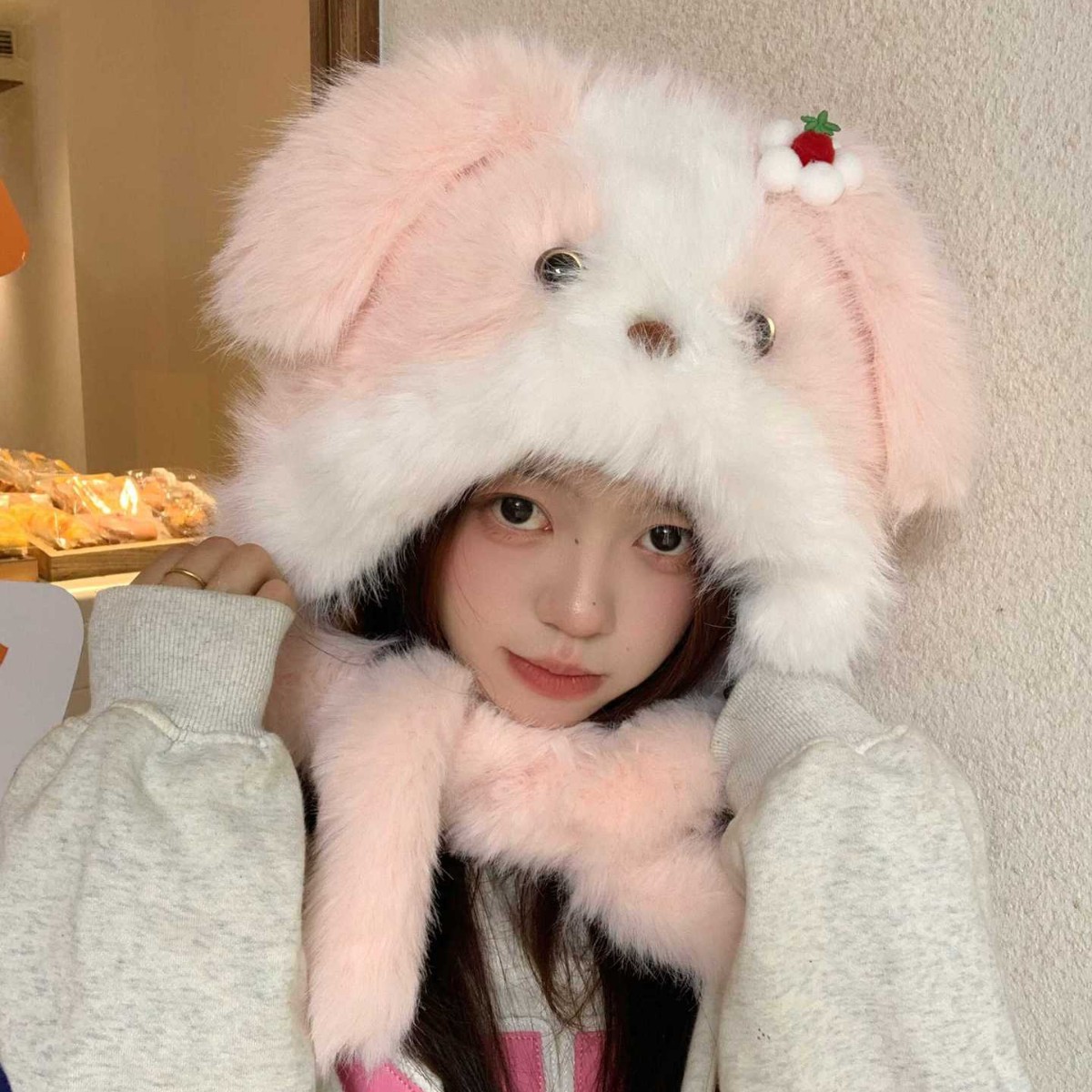여성 겨울 강아지 귀달이 모자 목도리 일체형 보온 털모자