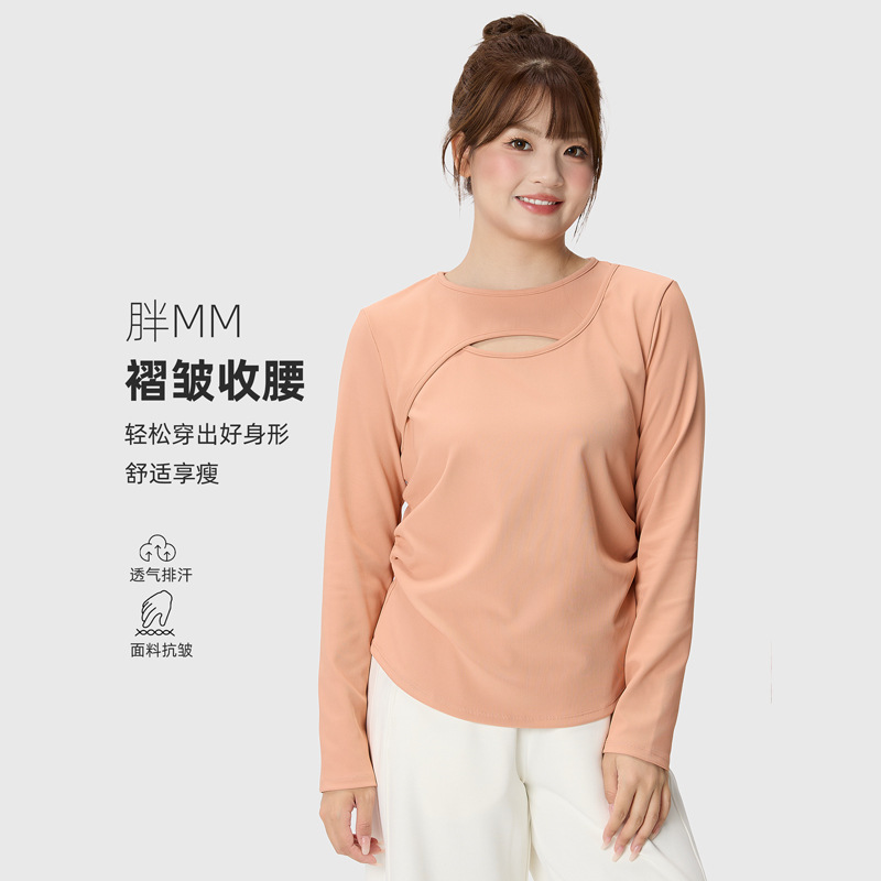 Fat mm Large Size Cut Out Yoga Clothes Long-Sleeved Women's Autumn and Winter New Slimming Look Fitness Clothes Quick-Drying Clothes Slim Sportswear