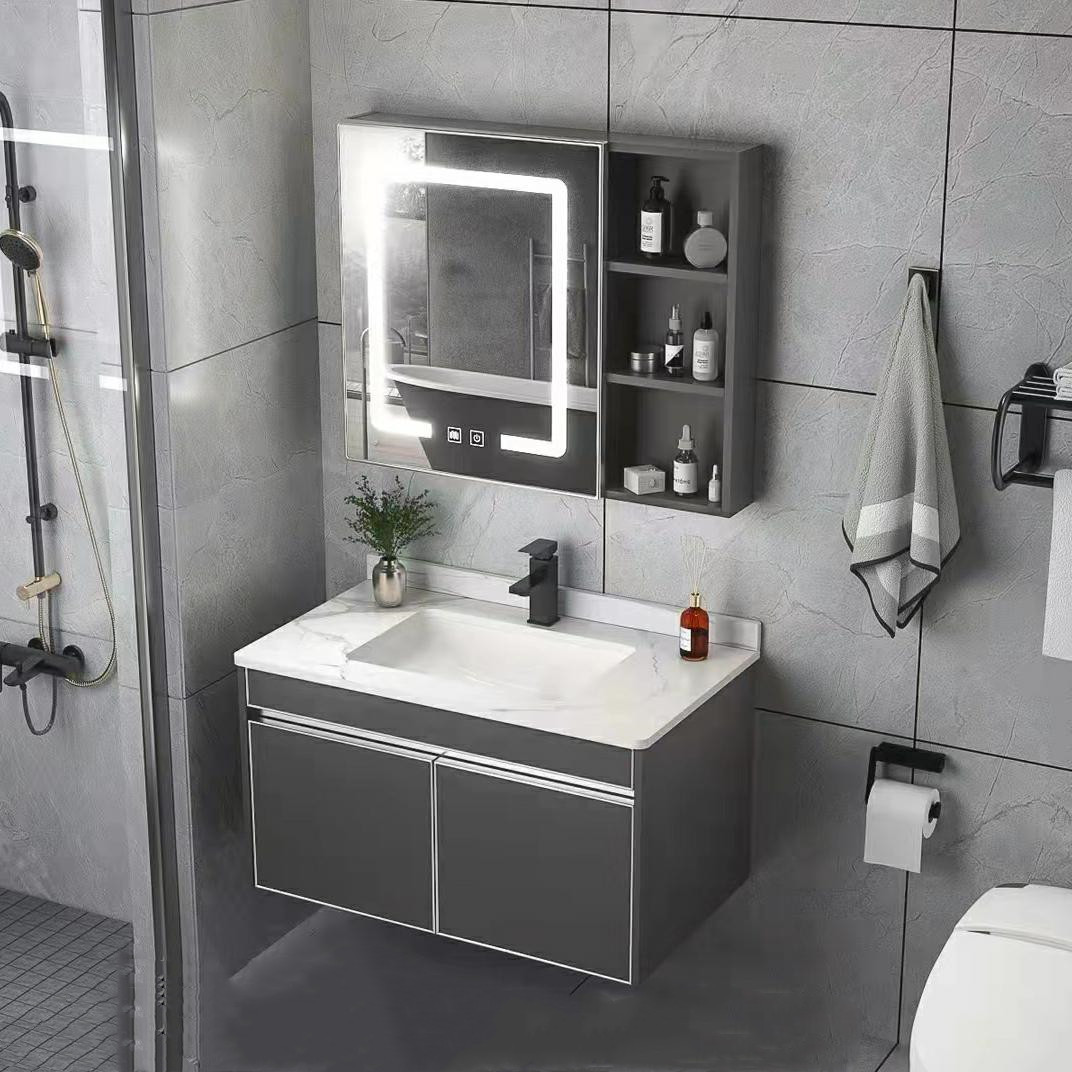 304 gabinete de baño de acero inoxidable combinación inteligente gabinete del espejo lavabo cuenca de cerámica roca Placa Cuenca estilo moderno lujo simple luz