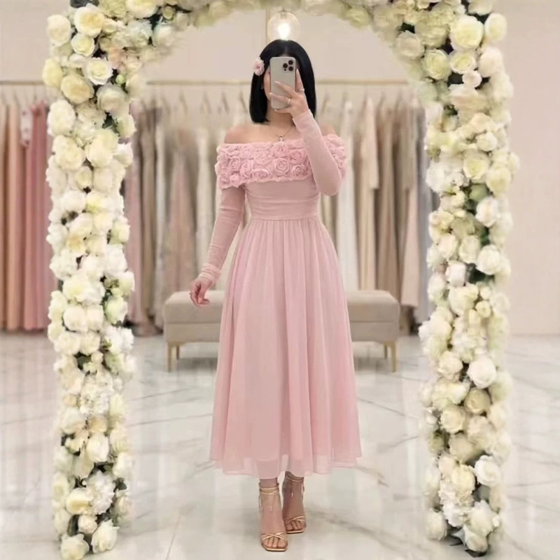 Xiyin Amazon 2026 New Ins Trendy Shawl Rose High-End Waist-Cinching Gown Long Dress
