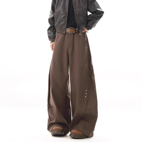 High-end sense rivet cleanfit black curved knife pants for men, spring item, silhouette relaxed wide-leg casual long pants