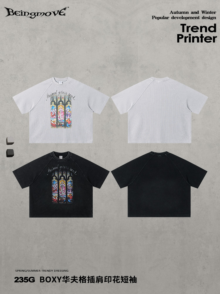 Calle secada| Verano americano retro lavado hace vieja marca de moda de manga corta impresión de hombro suelta camiseta casual para hombre