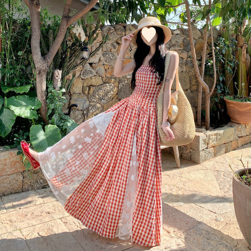 French Vacation Plaid Lace Stitching Heavy Industry Tube Top dress Summer Elegant Waist Slimming High-grade Midi Dress