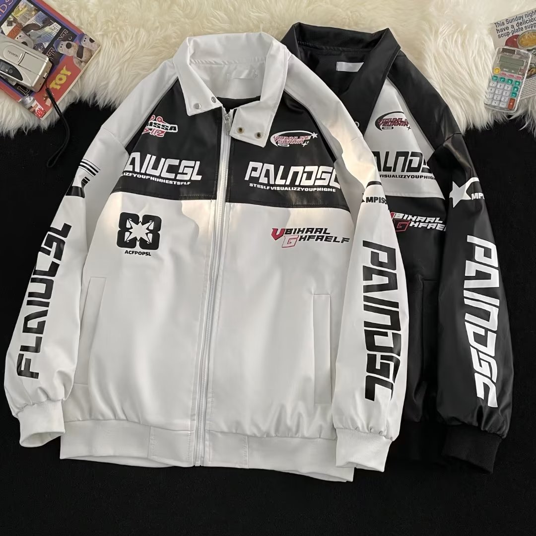 Vêtements pour hommes Combinaison de course de moto surdimensionnée Veste de baseball pour hommes et femmes Automne et hiver Nouvelle veste ample en cuir PU Vêtements en coton_voghion.com