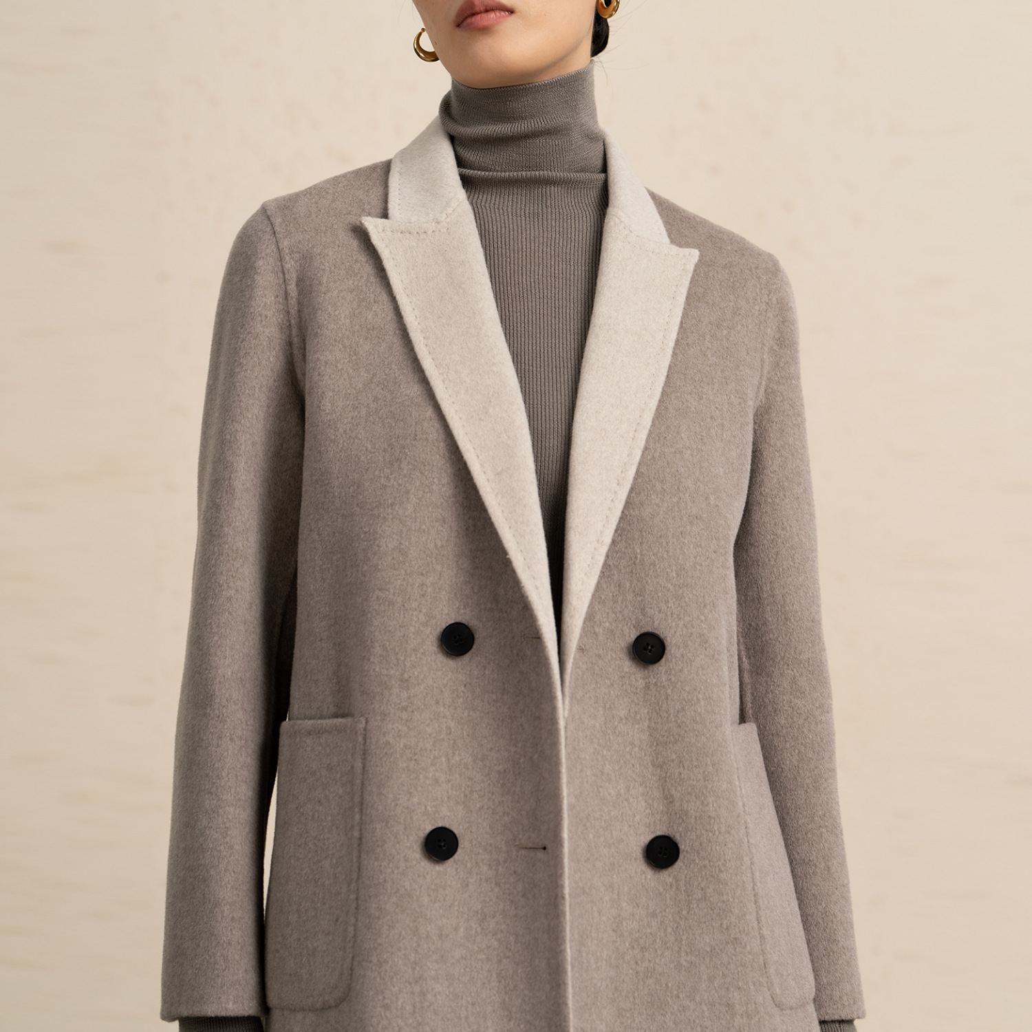 水貂绒~经碘戗驳领双排扣西装款中长款手工双面羊毛呢大衣女秋冬