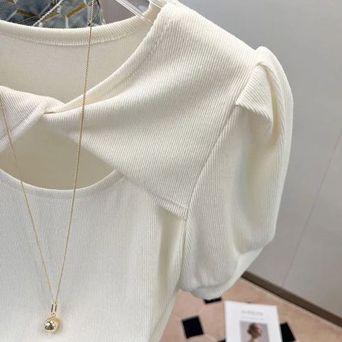 High-end European Station Green Short Sleeve T-shirt for Women, Summer Korean Version New Design Felt Minority Mind Game Bubbling Sleeve Top