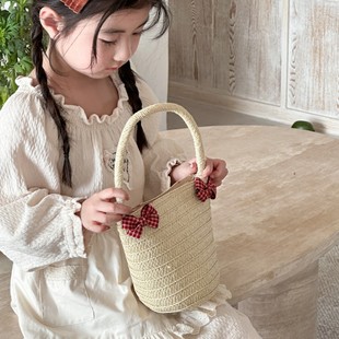 Double Bow Bucket Straw Bag Mixed Plaid Bow Stylistic Handbag Girl's Shopping Recess Coin Purse