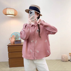 60901棉纱上衣小衫女 气质翻领黑色白色刺绣棉长袖衬衣