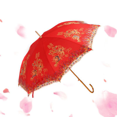 批发新款婚庆用品婚礼雨伞婚嫁晴伞彩凤飞舞金属塑料柄结婚红伞