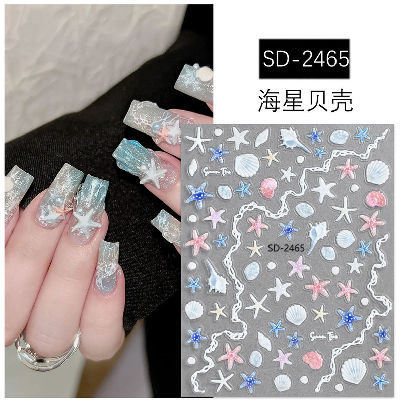 Ocean Style Shell Nail Art Stickers Embossed Stereo Summer Dream Shell Light Starfish Conch Nail Sticker Decorations