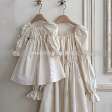 新款泡泡袖春装女童亲子装连衣裙洋气气质纯色时尚公主韩版娃娃裙
