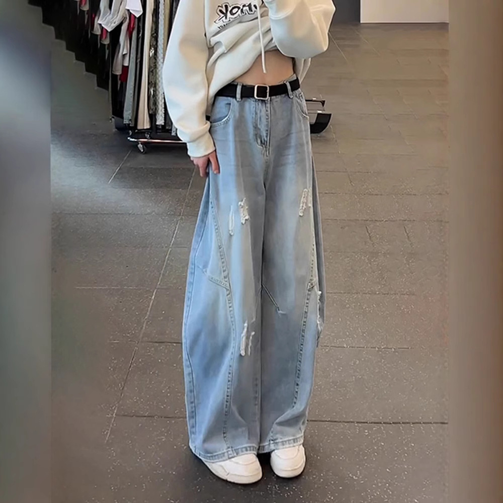 Light Blue Ripped Scimitar Jeans Men's Summer Handsome High-End Pants American Cleanfit Wide-Leg Pants