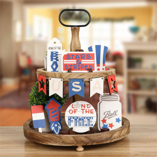 USA Independence Day Rocket Star Pattern Wooden Ornaments Holiday Arrangement Home Layered Tray Decorations