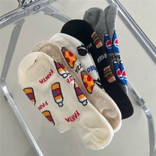 New Hamburg Dongdaemun Socks Men and Women Boat Socks Cartoon Pizza Korean Trend Shallow Mouth Odor-proof Socks
