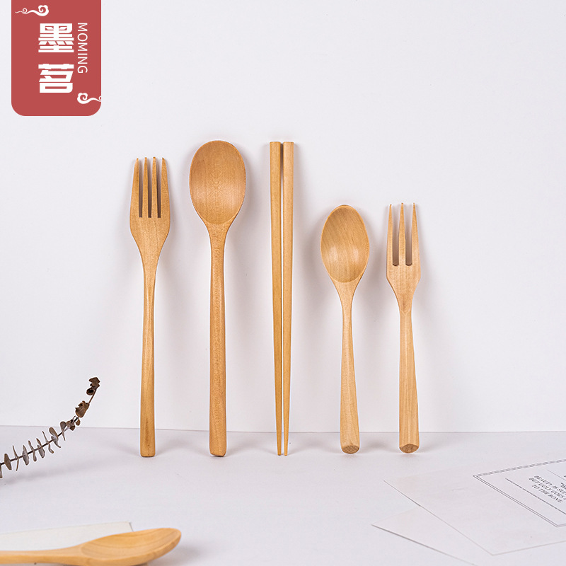 荷木便攜餐具勺叉筷23.5cm旅行三件套裝三角柄木勺子布袋裝可刻字