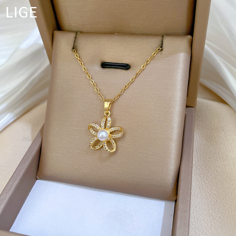 Wunderschöne Perlenkette Mit Fünfblättriger Blume Aus Titanstahl_voghion.com