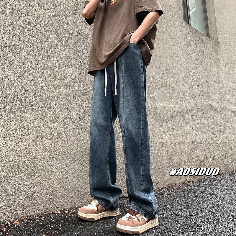 Vaqueros con cordón retro americano para hombres de primavera y otoño nuevo estilo holgado recto vibe marca de moda pantalones casuales de pierna ancha