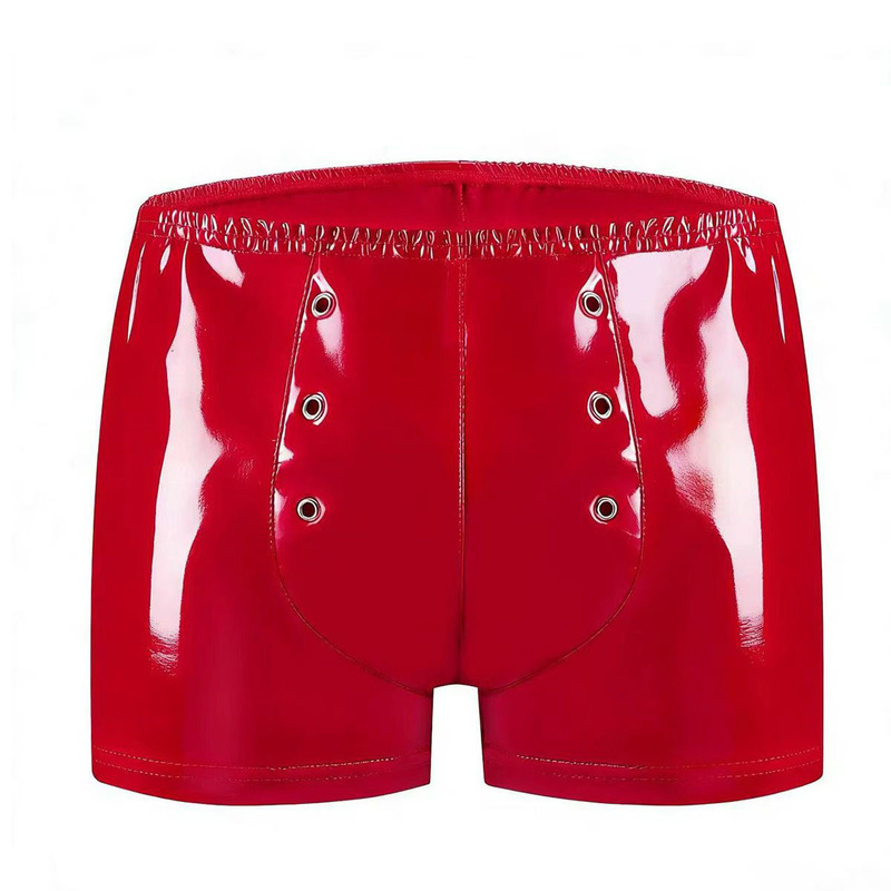 Cross-Border European and American Men's Red Shiny Leather Boxer Shorts with Double Vent Design on the Front and Elastic Waistband, Sexy Shorts