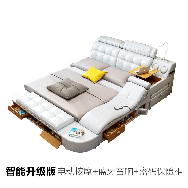 Cama de cuero genuino de 1,8 m, cama doble moderna y sencilla, cama de boda con respaldo suave, cama grande y divertida, dormitorio principal, cama moderna de 1,5 m image 8