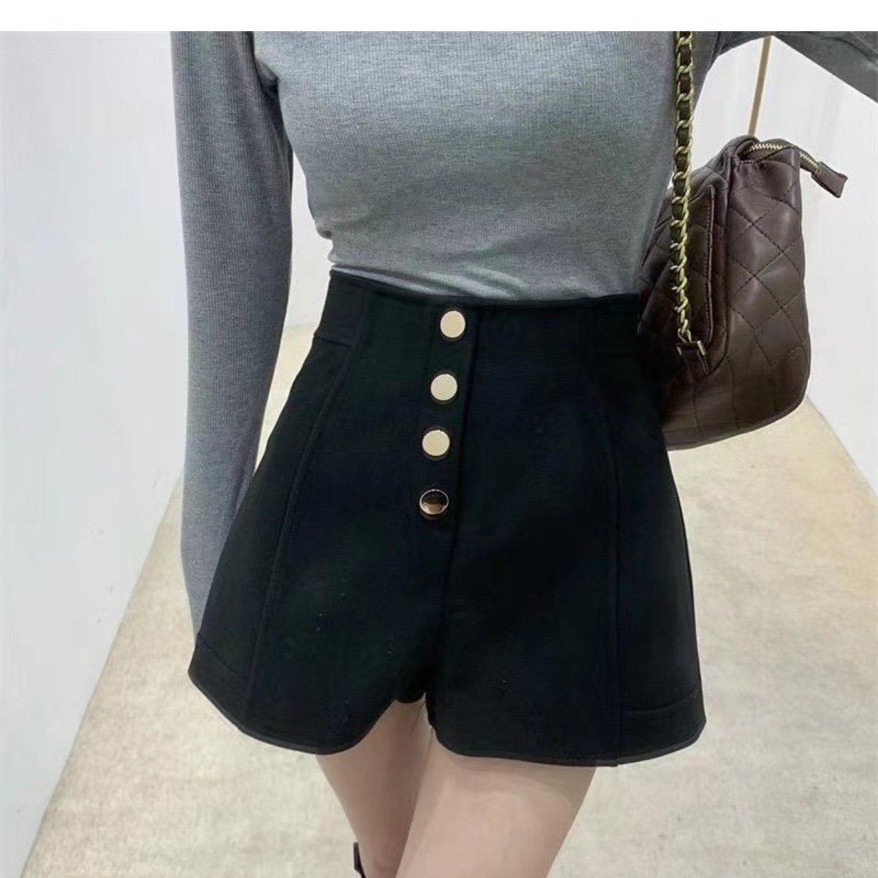 Breasted high waist black casual pants women's summer 2023 Korean style fashionable all-match outer wear wide leg A- line shorts