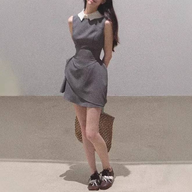 OAKMOO/ "beautiful eyes" college style detachable collar design sense waist wool dress