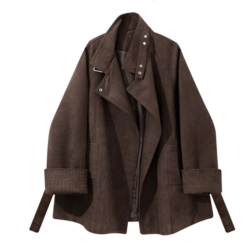 American-style, retro, coffee-colored suede jacket for women, 26, a uniquely beautiful mid-length, waist-cinching trench coat for early autumn