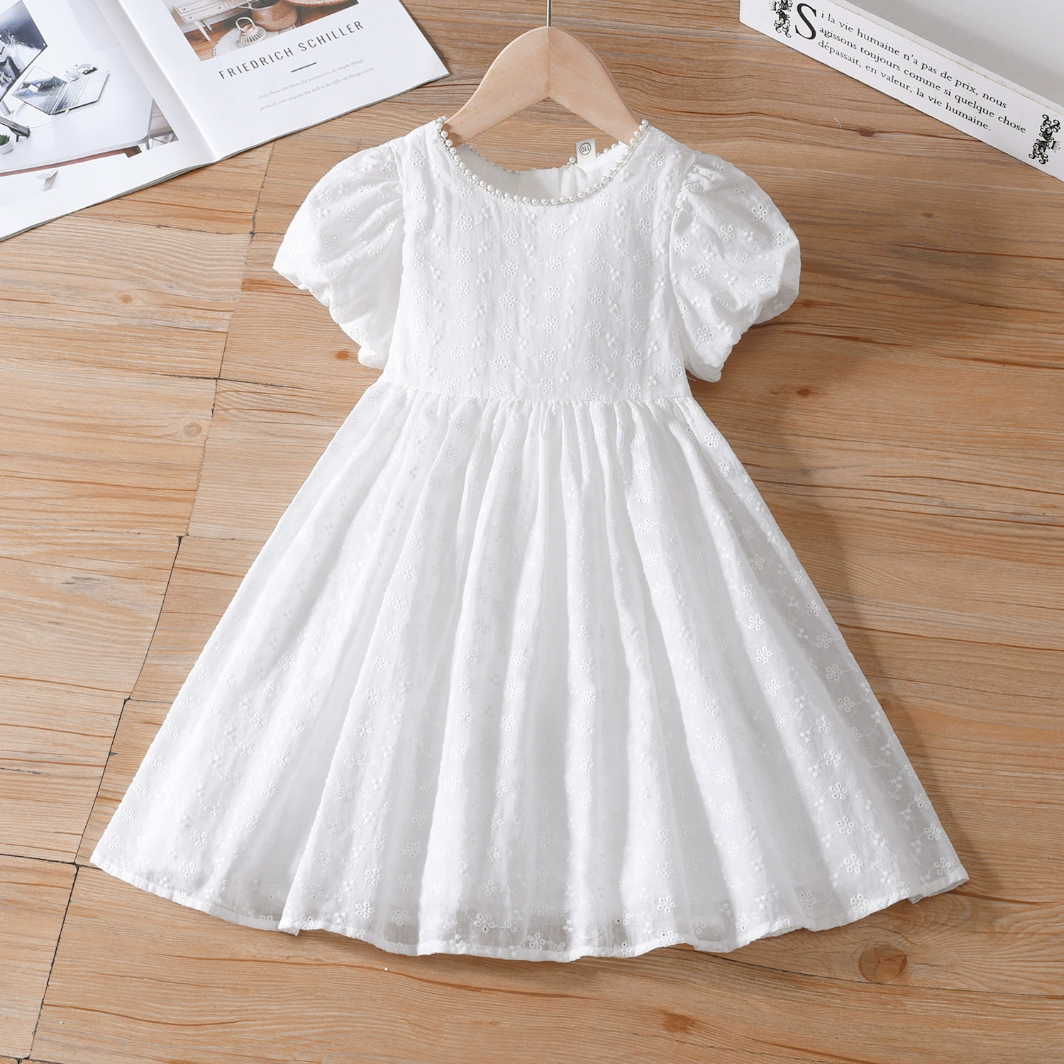 Летнее платье, юбка, белый маленький принцессиный костюм, французский стиль, круглый ворот, с коротким рукавом
