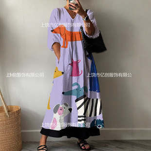 2025 New Amazon Cross-border European and American Women's Loose V-neck Fashion High Long Sleeve Printed V-neck dress