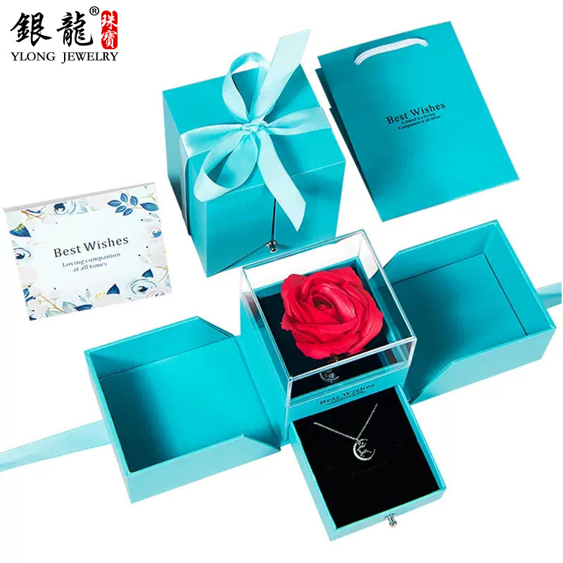 银龙双开门玫瑰花抽屉盒首饰盒子珠宝包装盒礼盒永生花项链盒批发