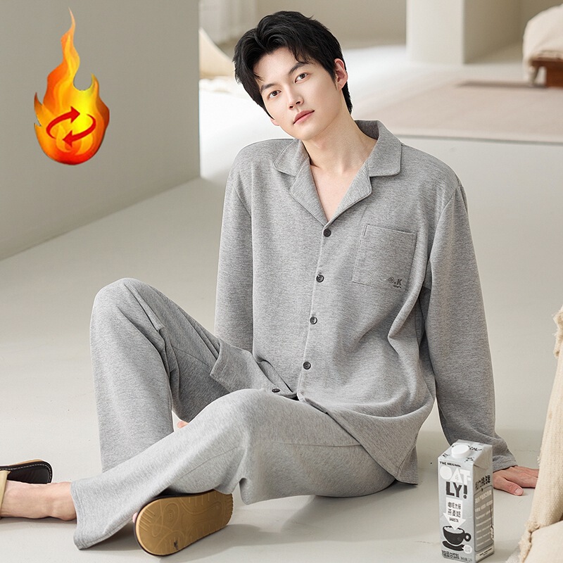 Wholesale In-Stock Men's Pajamas for Autumn and Winter, Pullover Thickened Men's Silk Wool Embroidered Loungewear Two-Piece Set