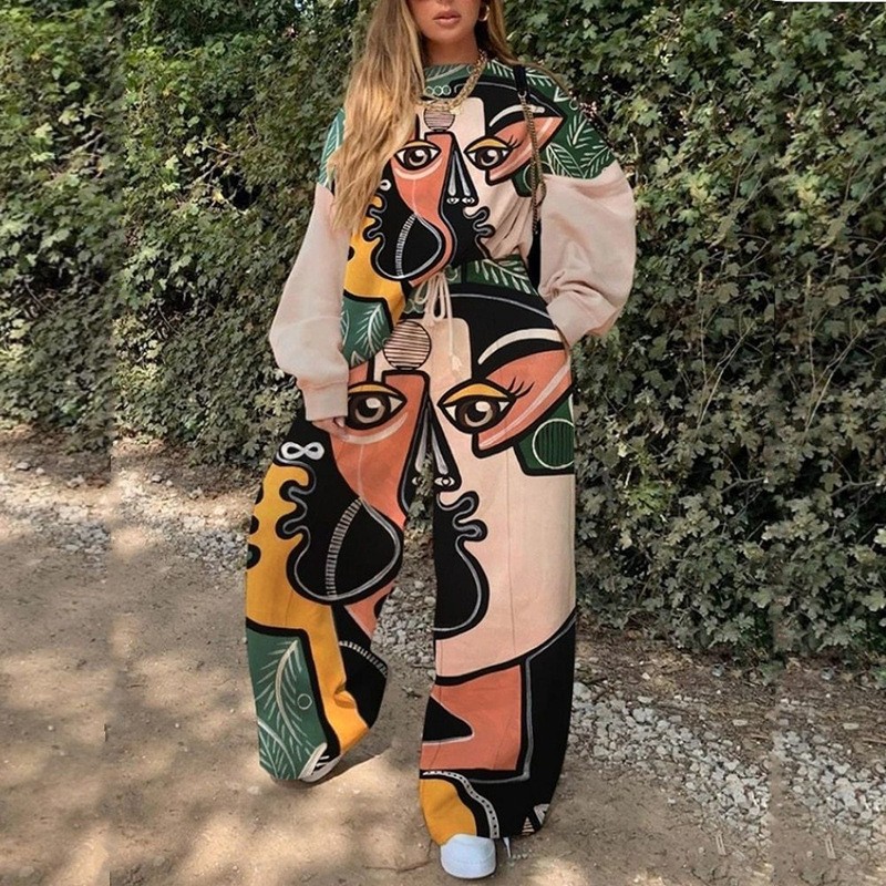 Conjunto de Sudadera Informal con Cuello Redondo y Estampado Holgado para Mujer, Estilo Europeo y Americano, Novedad de Comercio Exterior Transfronterizo para Otoño 2025