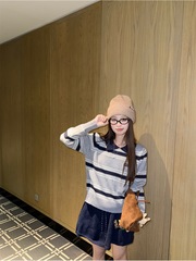 2025新款学院风翻领撞色条纹针织衫女装秋季抽绳半身裙短裙两件套