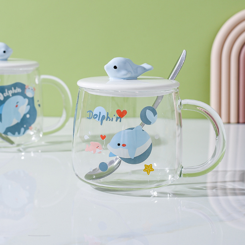 Taza de vidrio resistente al calor taza nórdica oficina en casa pareja delfín taza de agua taza de café de leche con tapa cuchara