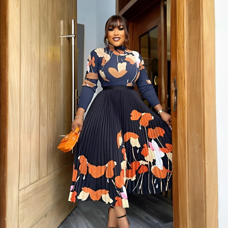 Miyake dress Miyake Pleated Floral Print Top Long Sleeve Pleated Dress Dress Two-piece Women's Dress