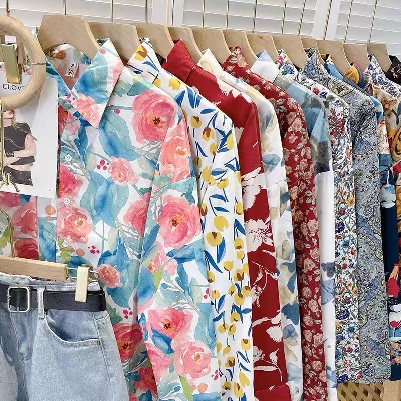 2025 Korean Style Retro Loose Hong Kong Style Flower Floral Hong Kong Style New Niche Shirt Long Sleeve Shirt Top for Women