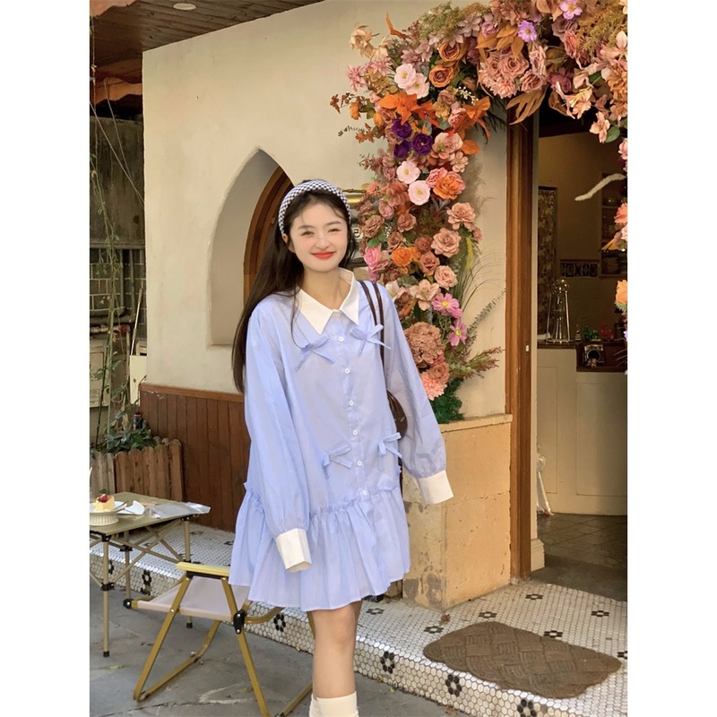 实拍~新款韩系甜美减龄重工立体蝴蝶结压褶宽松长袖连衣裙女88731|undefined