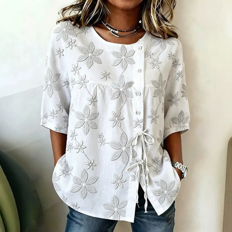 Summer Amazon Cross-Border European and American Women's Tops Printed Casual Short-Sleeved Drawstring Bow Shirt