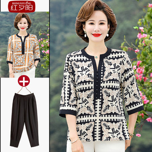 Mom's Spring Style Three-Quarter Sleeve Shirt Retro Printed Chiffon Top Fashionable Middle-Aged and Elderly Women's Summer Clothes