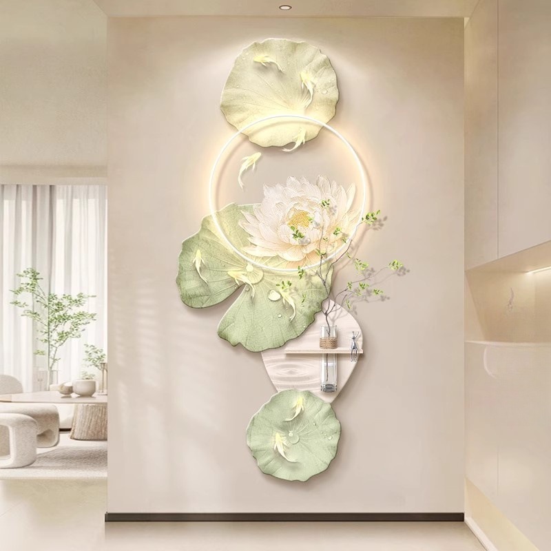 原木奶油风九鱼图玄关装饰画水培绿植肌理走廊过道入户正对门挂画|undefined
