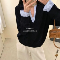 洋气拼接针织衫上衣早秋2025新款宽松休闲松弛条纹撞色套头上衣