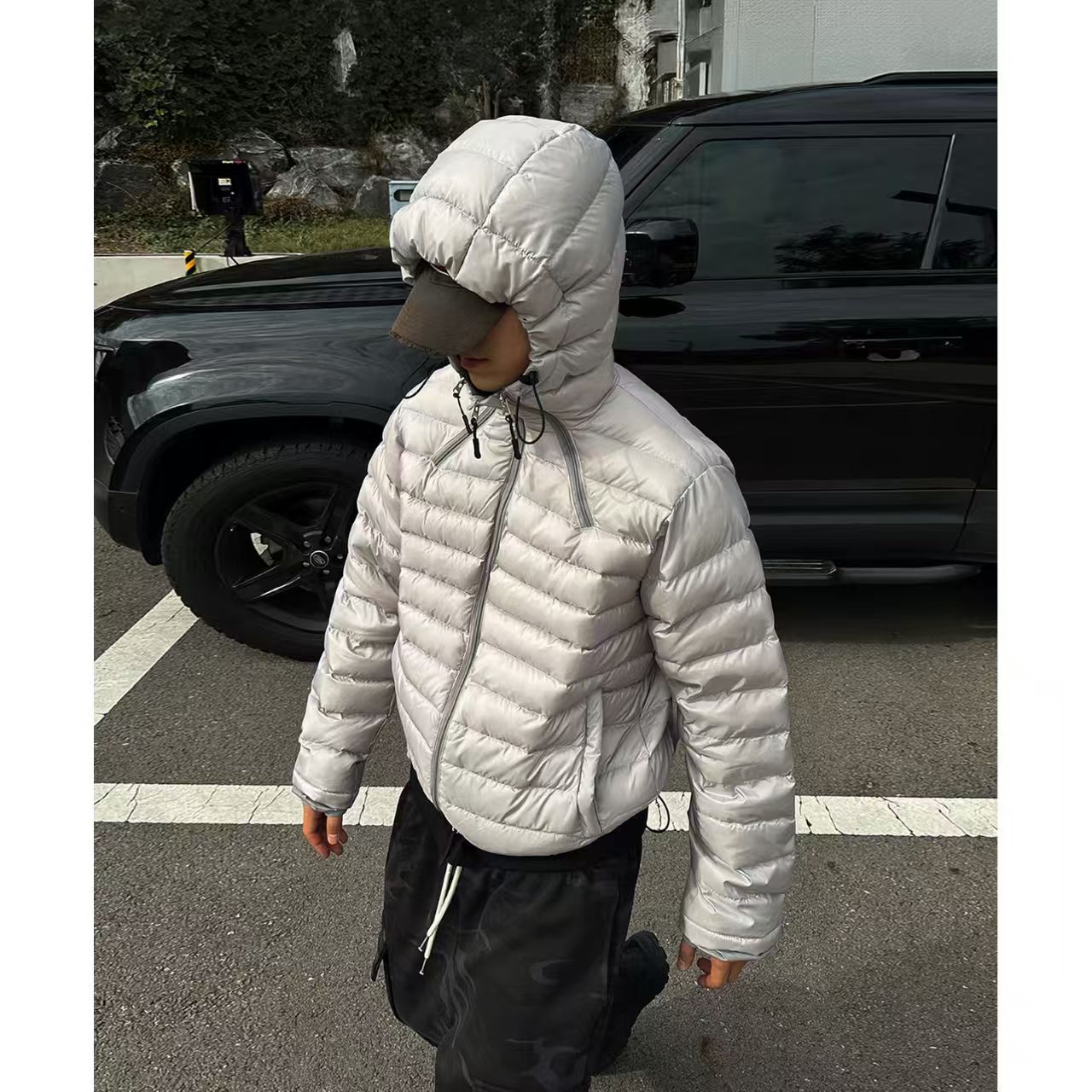 Light Gray Hooded For Men Winter High-end Korean Style Cool Bread Jacket Casual Warm Cotton Coat_viptrois.com