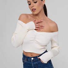 欧美外贸女装露肩短款针织上衣女秋季一字肩修身露脐短长袖毛衣女