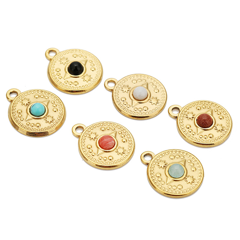 18mm Jewelry Making Size 18K Gold Plated Plating Material 5 PCS/Package 18mm 304 Stainless Steel Natural Stone 18K Gold Plated Round Star Pendant