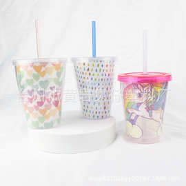 可爱卡通随手吸管杯350ML双层全透明水杯果汁杯饮料杯可定 制图片