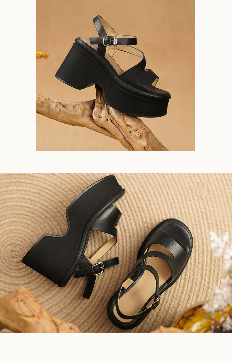 Sandal nữ đế xuồng 11cm quai ngang cổ điển hở mũi da thật — Màu vàng, Màu bạc chi tiết 6