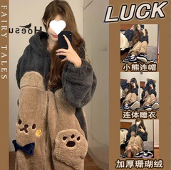珊瑚绒睡衣女秋冬季加厚保暖法兰绒连帽睡袍冬天长款家居服